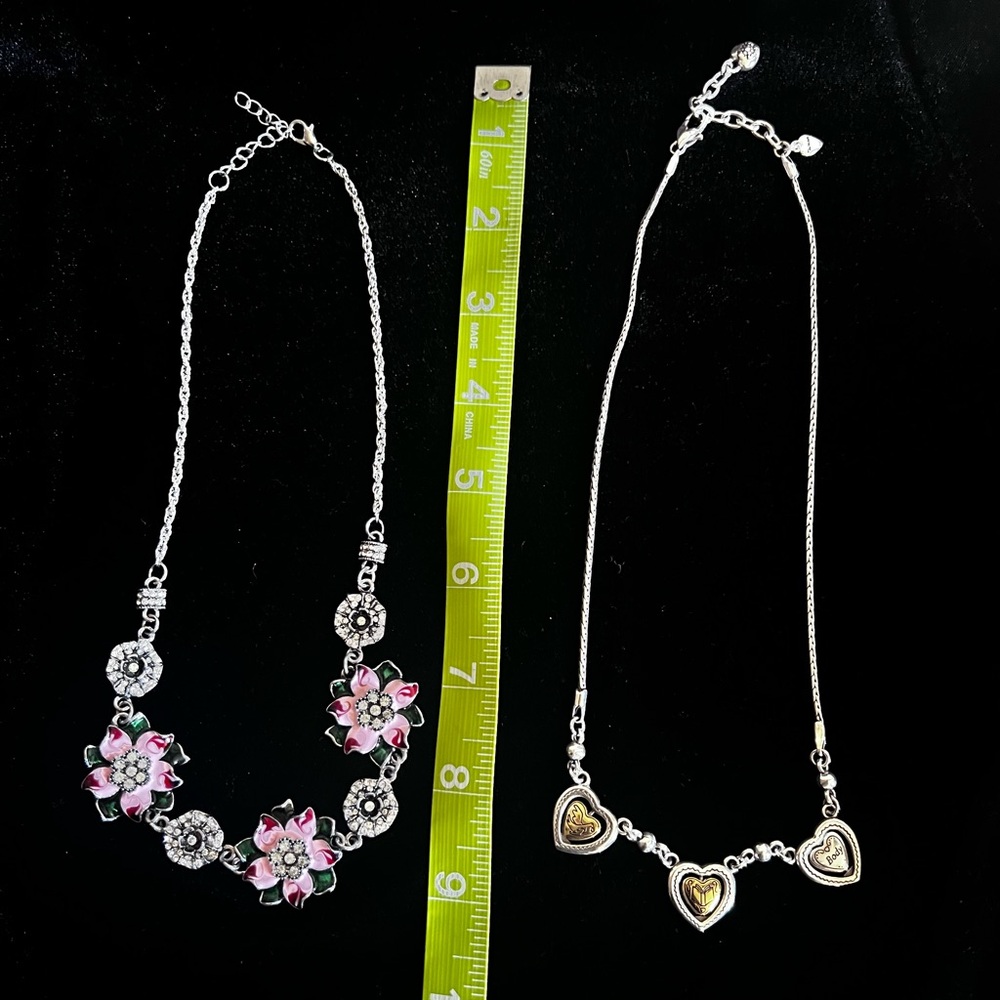 Set of 2 Necklaces. ~Chic Silver with Pink Floral ~ Mind, Body, Spirit Hearts